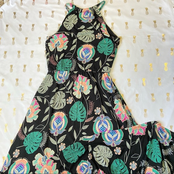 Cynthia Rowley Black And Multicolor Floral Palm Tropical Print Halter Midi Dress - Picture 15 of 16